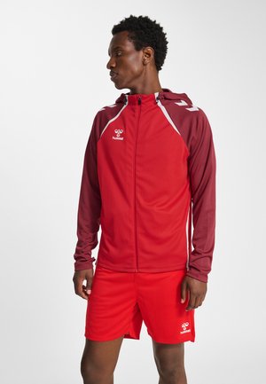 Jeune homme portant une veste de sport rouge à fermeture éclair complète avec des manches bordeaux et un short rouge assorti, regardant vers sa gauche sur un fond uni.