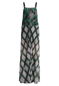 Robe longue sans manches avec un haut en camouflage vert, des bretelles noires, une fermeture éclair rose et une jupe à carreaux vert et blanc avec une taille à cordon.