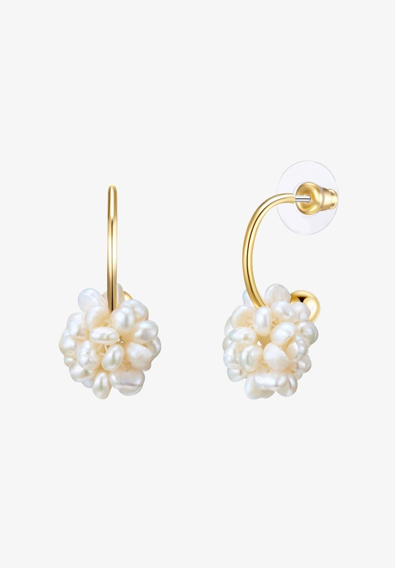 Gold hoop earrings featuring a cluster of white freshwater pearls, showcasing a textured, irregular shape and a clear backing for support.