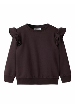 Sweat-shirt marron foncé à manches longues avec détails à volants sur les épaules et poignets et bas côtelés, conçu pour enfants.