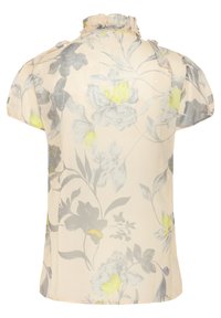 Floral blouse with short puffed sleeves, soft beige fabric, gray and yellow flower patterns, and a ruffled neckline.