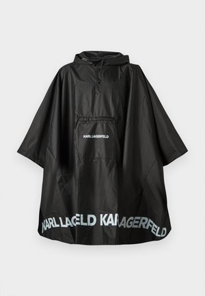 Black waterproof hooded poncho with front pocket and "KARL LAGERFELD" logo printed on pocket and hem.