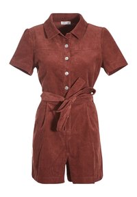 Rust-colored corduroy romper with short sleeves, button front, collar, and fabric belt. Features two side pockets and vertical rib pattern.