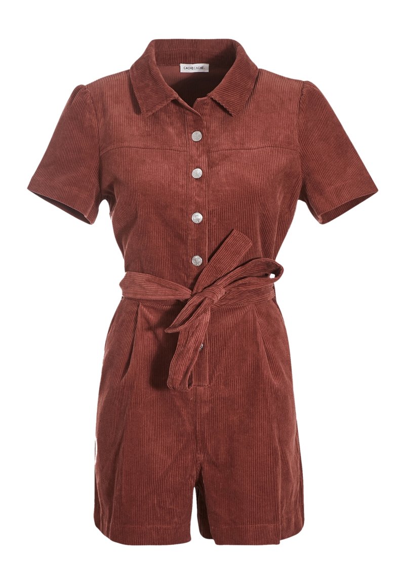 Rust-colored corduroy romper with short sleeves, button front, collar, and fabric belt. Features two side pockets and vertical rib pattern.