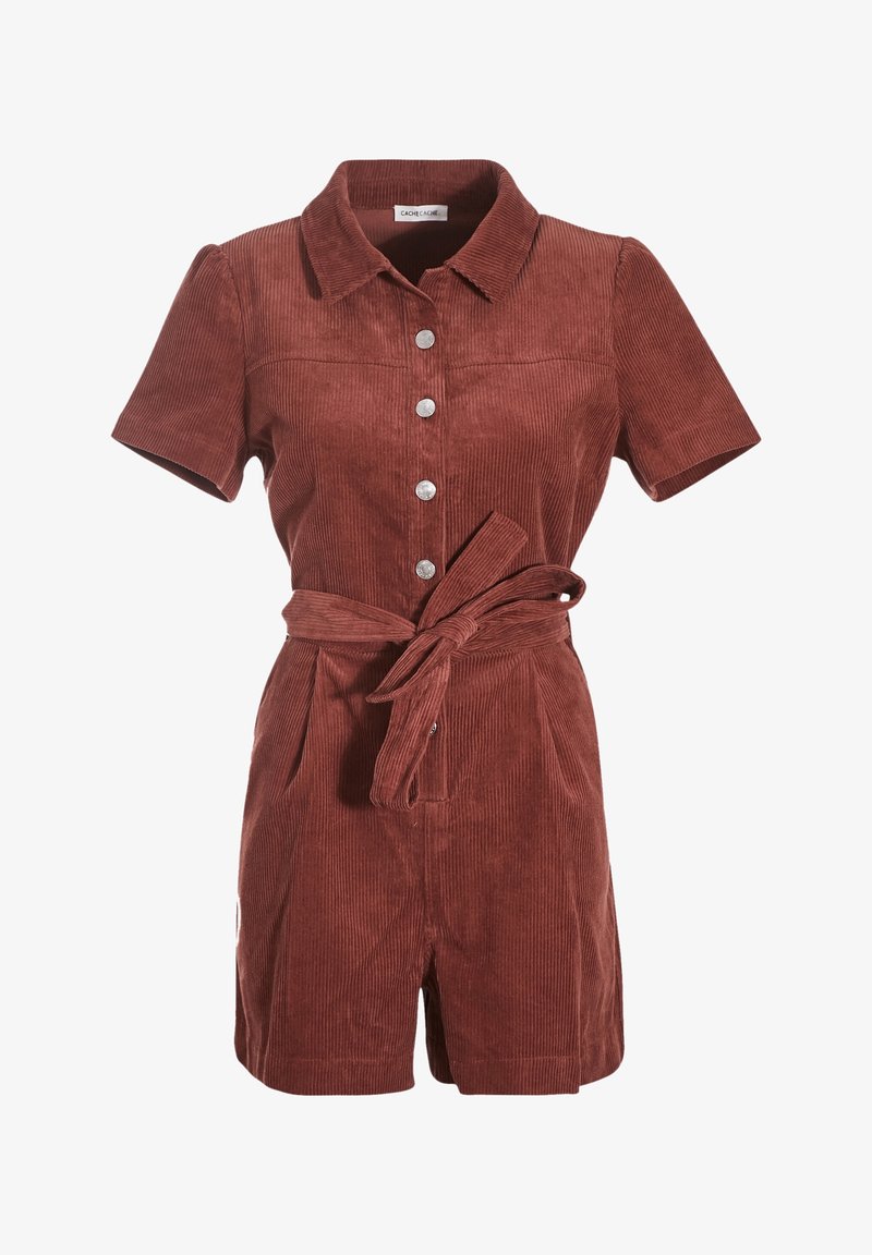 Rust-colored corduroy romper with short sleeves, button front, collar, and fabric belt. Features two side pockets and vertical rib pattern.