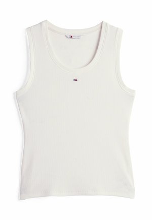Λευκό ριμπ αμάνικο τοπ με στρογγυλή λαιμόκοψη και μικρό λογότυπο Tommy Jeans τοποθετημένο στο κέντρο κάτω από το γιακά.