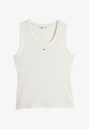 Débardeur blanc côtelé sans manches avec encolure arrondie et petit logo Tommy Jeans centré sous le col.