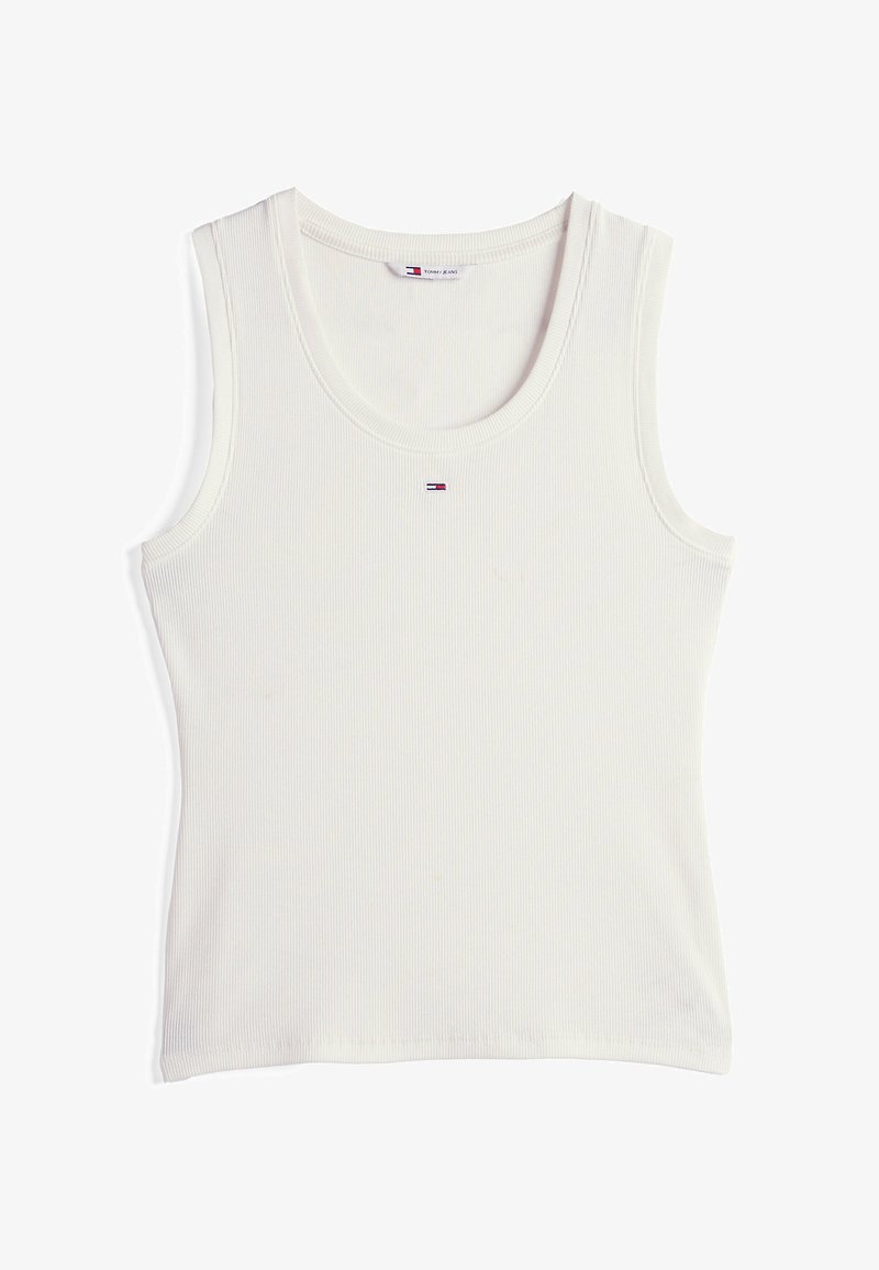 Débardeur blanc côtelé sans manches avec encolure arrondie et petit logo Tommy Jeans centré sous le col.