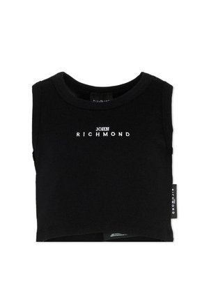 Top corto nero senza maniche con testo bianco "JOHN RICHMOND" centrato sul petto e etichetta del marchio sulla cucitura del lato destro.
