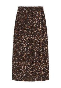 Jupe midi avec ceinture élastique présentant un motif léopard abstrait en marron, noir et beige.