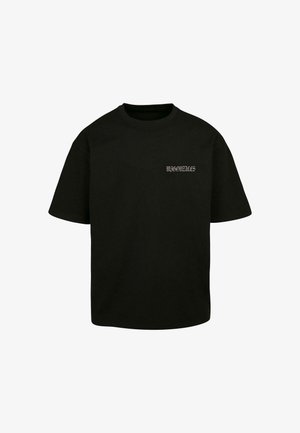 Black cotton T-shirt with short sleeves, crew neck, and front chest graphic in contrasting light color, featuring stylized text.