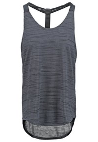 Grijze sportieve tanktop met een gestructureerd, gestreept patroon, voorzien van een afgeronde zoom en een racerback-ontwerp met een contrasterende zwarte band.