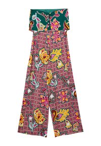 Pantaloni a gamba larga con motivo floreale nei colori rosa, verde e giallo. Presentano un design off-the-shoulder con chiusura a fiocco sul retro.