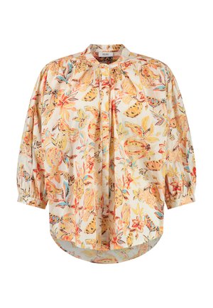 Floral blouse in lightweight fabric, featuring a cream background, vibrant orange and blue patterns, gathered sleeves, and a rounded hem.