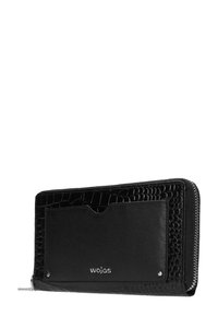 Zwarte leren portemonnee met een gestructureerd krokodillenpatroon, zilveren rits en een kaartsleeve. Voorzien van een logo dat op de voorkant is geperst.