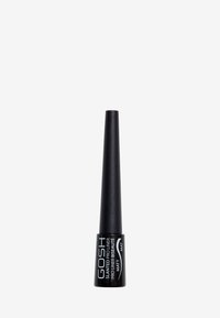Svart snedställd eyelinerbehållare med spetsig topp, matt yta och minimalistisk design. Texten på etiketten är i vitt.