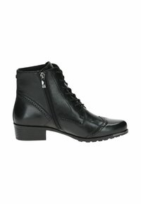 Stivale alla caviglia in pelle nera con allacciatura frontale e zip laterale. Presenta un tacco a blocco e dettagli brogue lungo le cuciture. Texture liscia.