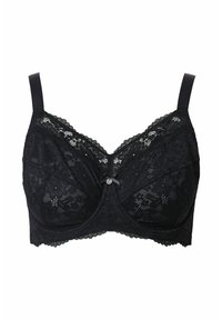 Černá krajková podprsenka s kosticemi, která má dekorativní krajkovou lemovku, malou mašličku uprostřed a nastavitelné ramínka. Texturovaná tkanina.