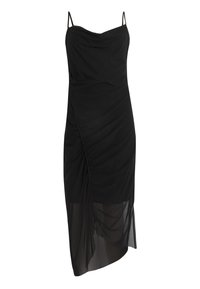 Robe midi noire sans manches avec fines bretelles, corsage froncé et ourlet asymétrique transparent.