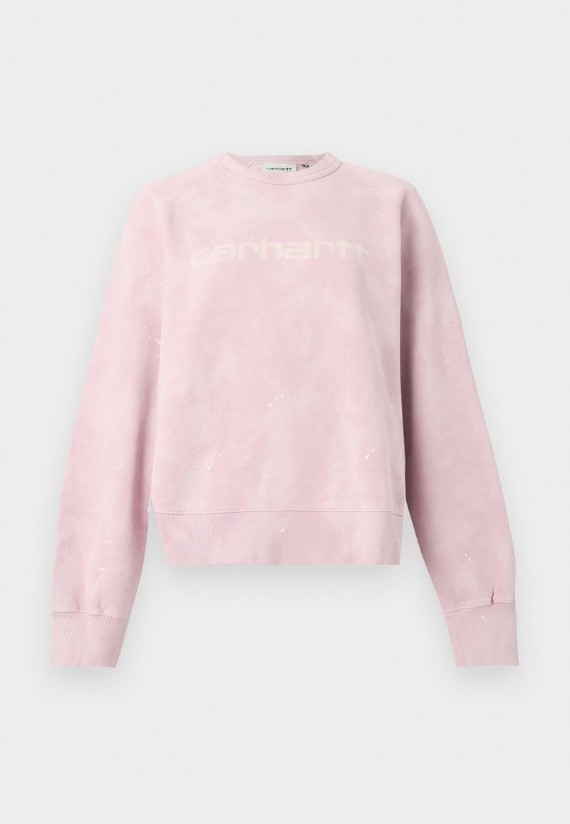 Hellrosa Sweatshirt mit Rundhalsausschnitt, subtilem weißem Sprenkelmuster und schwach sichtbarem "Carhartt"-Logo auf der Brust, flach auf weißem Hintergrund präsentiert.