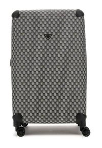 Hard-shell suitcase with a geometric black and gray pattern, featuring a logo accent, four wheels, and reinforced corners for durability.