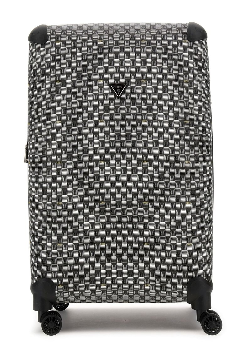 Hard-shell suitcase with a geometric black and gray pattern, featuring a logo accent, four wheels, and reinforced corners for durability.