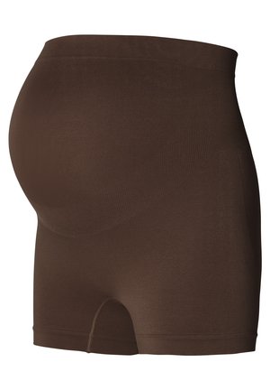Schwangerschaftsshorts in einem einheitlichen Dunkelbraun, aus einem weichen, dehnbaren Stoff gefertigt. Sie verfügen über einen hohen Bund für Unterstützung und Komfort.
