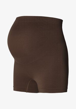 Graviditetsshorts i en ensfarvet mørkebrun farve, lavet af et blødt, strækbart stof. Har en høj talje for støtte og komfort.