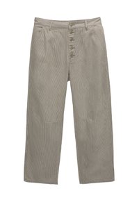 Striped wide-leg trousers in light gray and cream, featuring a button front, two pockets, and a relaxed fit with a smooth texture.