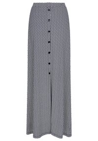 Falda maxi en marino con patrón floral blanco, con un frente abotonado y un ajuste relajado. Fabricada con tejido ligero y de textura suave.