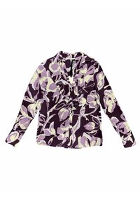 Blusa a maniche lunghe con fronte arricciata, sfondo viola scuro e motivo floreale astratto di grandi dimensioni in colori lavanda e crema.