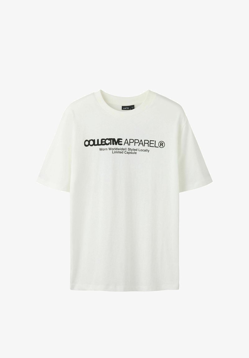 Biała bawełniana koszulka z okrągłym dekoltem, krótkimi rękawami i czarnym nadrukiem. Z dużym napisem "COLLECTIVE APPAREL".