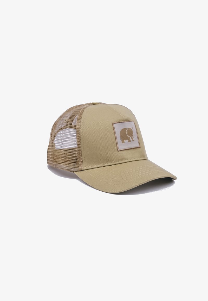 Khaki cap with a solid front panel featuring a white elephant logo on a square label. Mesh side panels and curved brim for ventilation.