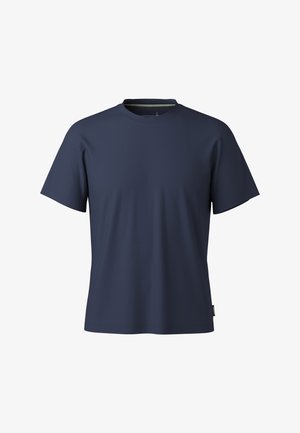 Marineblauw T-shirt met korte mouwen en ronde hals, met een klein zwart merktagje aan de lagere zijnnaad.