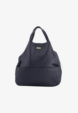 Granatowa skórzana torebka o teksturowanym wykończeniu, z dwiema krótkimi rączkami i złotym akcentem na przedniej części. Posiada kieszeń na zamek błyskawiczny z boku.