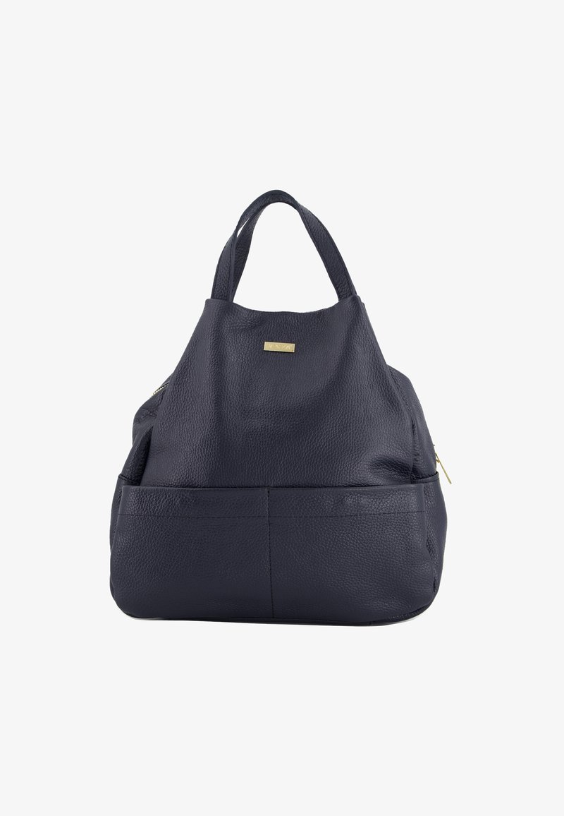 Marineblauwe leren handtas met een gestructureerde afwerking, twee korte handvatten en een gouden accentplaat aan de voorkant. Beschikt over een ritsvak aan één kant.