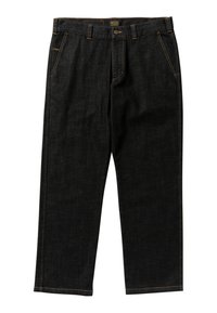 Zwarte spijkerbroek met een recht gesneden pijp, koperen stiksels en twee voorzakken. Voorzien van een knoopsluiting en een lus voor een riem.