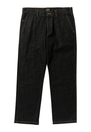 Pantalon en denim noir à coupe droite, avec des surpiqûres en cuivre et deux poches avant. Il dispose d'une fermeture à bouton et d'une boucle pour une ceinture.