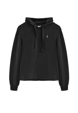 Felpa nera con cappuccio realizzata in tessuto morbido e con una vestibilità rilassata. Presenta un cappuccio regolabile con cordoncino e un piccolo emblema dorato sul petto. Maniche lunghe.