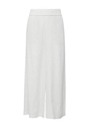 Culottes en lin blanc avec une taille élastique, un design à jambes larges et des poches latérales. Texture lisse avec une silhouette fluide.