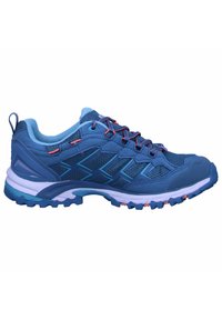 Blue trail running shoe with a textured mesh upper, contrasting lighter accents, rugged sole, and decorative lacing with orange details.
