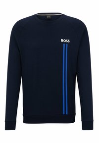 Felpa a maniche lunghe blu navy con logo "BOSS" e due strisce verticali blu sul lato destro anteriore, collo a giro.