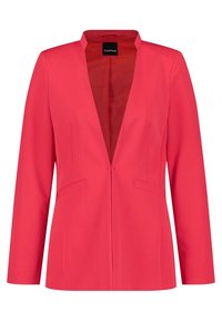 Blazer de mujer en rosa brillante con mangas largas, frontal abierto, cuello con muesca y dos bolsillos frontales con abertura, etiquetado como Taifun en su interior.