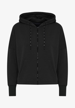 Czarna bluza z kapturem na zamek, wykonana z miękkiego materiału, z frontową kieszenią, sznurkami do regulacji i ściągaczami przy mankietach. Gładka tekstura i luźny krój.