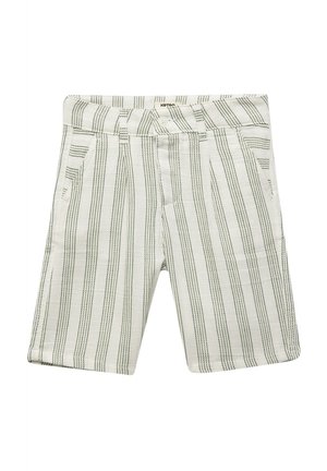 Shorts rayés blancs avec des lignes verticales vertes, dotés d'une taille élastique, de poches avant et d'un design de tissu texturé.