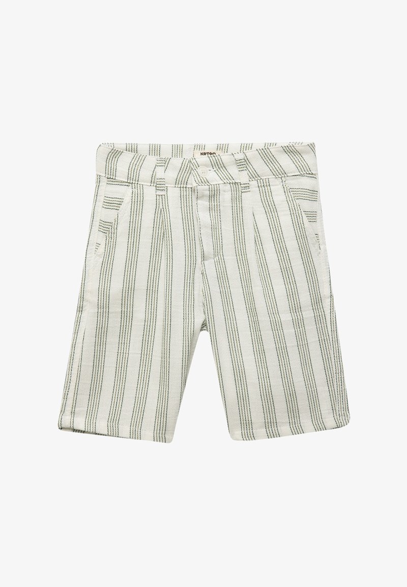 Hvide stribede shorts med grønne lodrette linjer, der har en talje og for- lommer samt et tekstureret stofdesign.