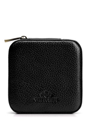 Portafoglio quadrato in pelle nera testurizzata con cerniera, con logo Wittchen impresso al centro sul davanti.