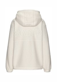 Weißer Fleece-Hoodie mit lockerer Passform. Verfügt über eine aufgestickte "SAND"- und "ELB"-Beschriftung auf der Rückseite, elastische Bündchen und eine gefütterte Kapuze.