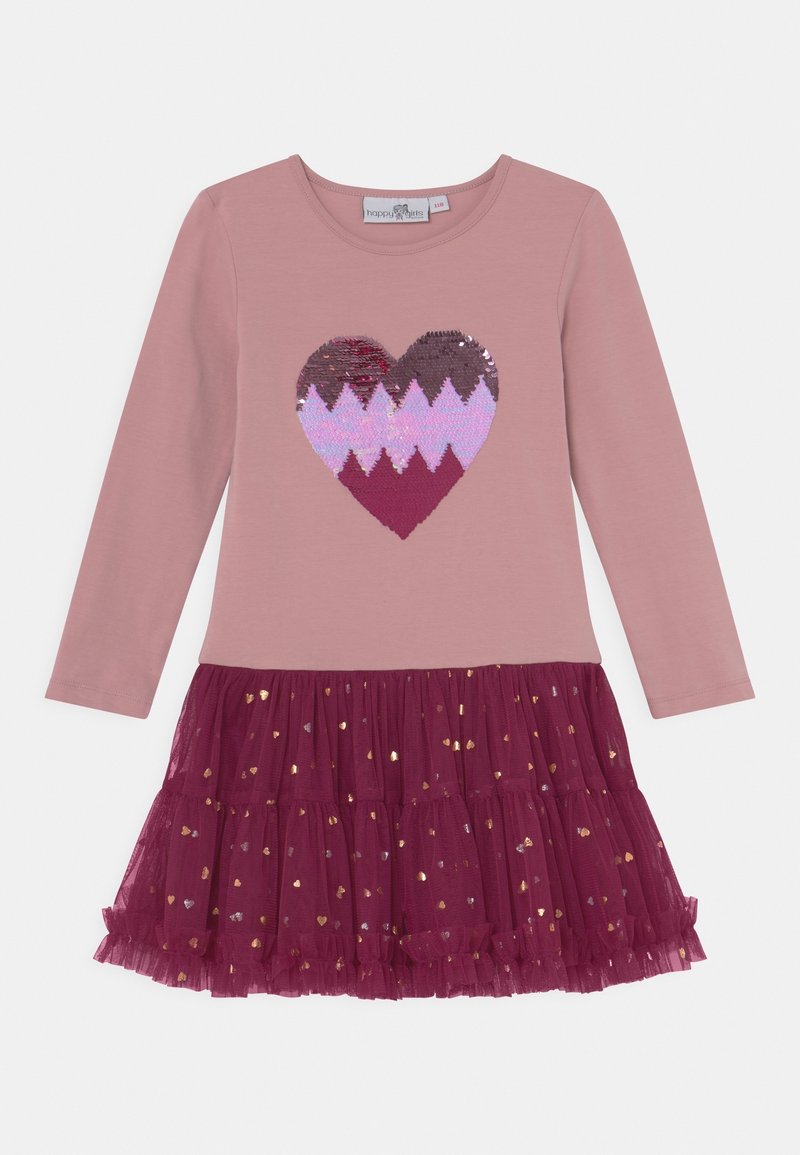 Růžové šaty s dlouhým rukávem a designem vyšívaného srdce. Sukně má vrstvený bordo tyl se zlatými vzory srdcí. Měkká bavlněná látka.