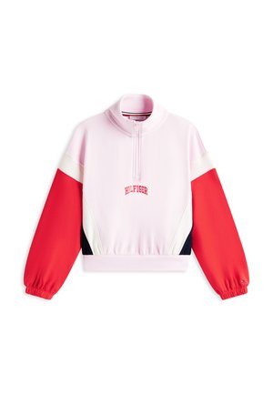Felpa rosa con collo alto e mezza zip. Presenta maniche a blocchi di colore rosso e bianco e orlo a coste. Logo "HILFIGER" sul davanti.